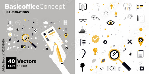 Basic office concept illustration with various icons and design elements