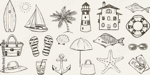 Vintage style sketches of summer and beach themed objects