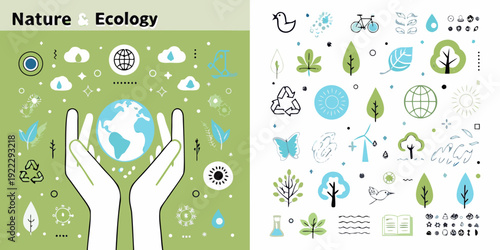 Hands cradling earth with ecological icons and nature themed elements