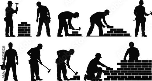 Bricklayer worker silhouettes set, black vector illustration of mason building brick wall, construction labor tools, industrial craftsmanship isolated background