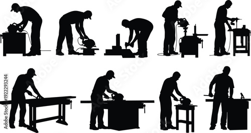 Carpenter and woodworking silhouettes set, black vector illustration of craftsman using circular saw, drill press, workshop tools isolated background