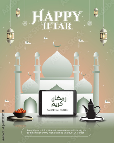 Ramadan Kareem green, with hanging Arabic lanterns, warm glowing lights, and an elegant geometric ornament on a gradient background. Perfect for Islamic festive designs, Ramadan, and Eid celebrations