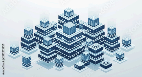 Isometric 3D illustration of interconnected data storage servers and databases.