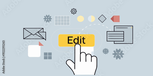 A hand cursor clicks the edit button amidst various digital icons