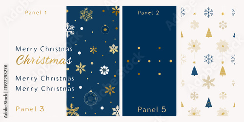 Festive christmas panels with snowflakes trees and holiday greetings