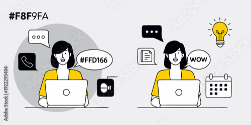 Illustration of two people working on laptops with idea bubbles