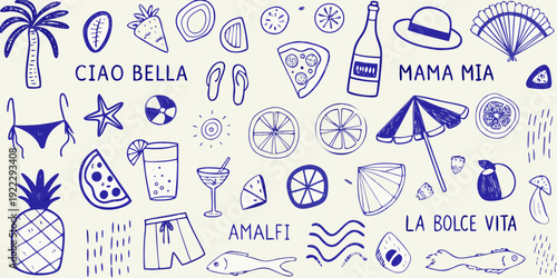 Italian summer doodles food beach items and handwritten phrases