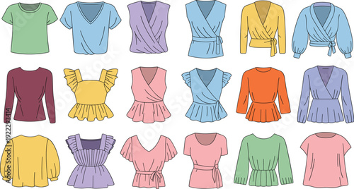Colorful women blouses collection set, flat vector illustration of wrap tops, peplum shirts, casual modern female fashion apparel icons isolated background