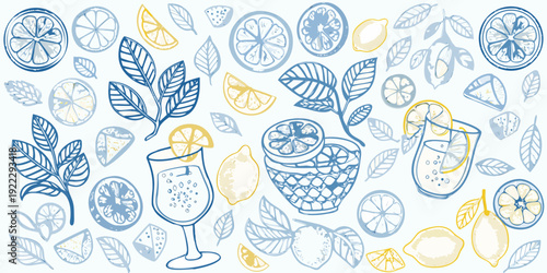 Stylized illustration of citrus fruits leaves and summer drinks