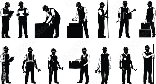 Construction workers silhouettes collection, black vector illustration of builders with tools, clipboard, hammer, industrial labor characters isolated background