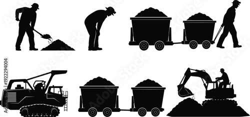 Mining workers and heavy equipment silhouettes, black vector illustration with coal carts, excavator, bulldozer, industrial extraction industry isolated background