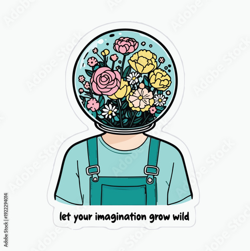Creative sticker design illustrating a person whose head is replaced by a clear jar filled with colorful blooming flowers