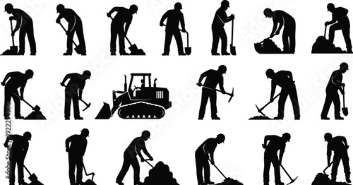 Mining workers silhouettes collection, black vector illustration of laborers with shovel, pickaxe, bulldozer, industrial excavation activity isolated background