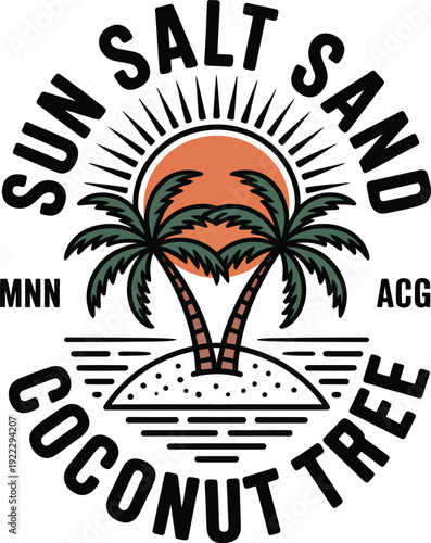 Tropical scene with sun salt sand coconut tree and palm trees