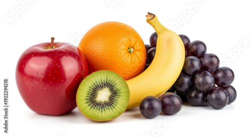 Fresh fruit assortment with apple orange banana kiwi and grapes on white background for healthy eating and nutrition concepts