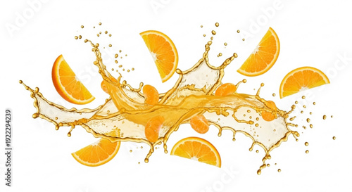Fresh orange juice splash with vibrant slices flying through air on white background