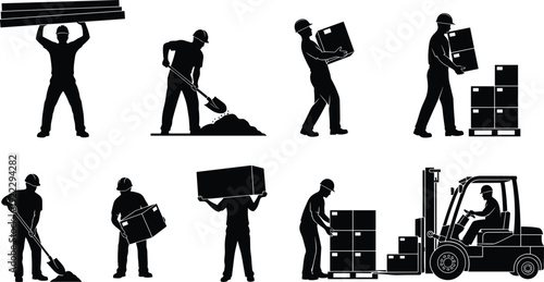 Warehouse and construction worker silhouettes set, black vector illustration with forklift, lifting boxes, manual labor logistics industry isolated background
