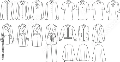 Women outerwear and shirts collection set, flat line vector illustration of blouses, coats, jackets, blazers, fashion design templates isolated background