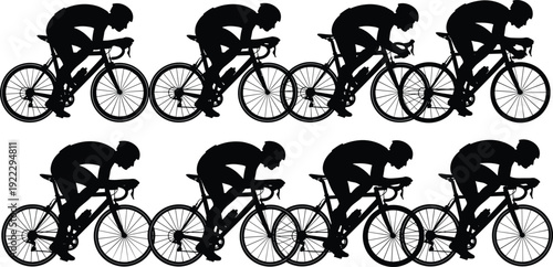 Black silhouettes of professional cyclists in a racing peloton formation isolated on white background for sports competition graphic design and marathon event banners