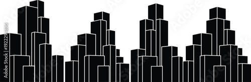Black vector city skyline silhouettes featuring various skyscraper clusters and urban building blocks in a minimalist isometric style isolated on white background.