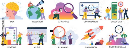 Modern business strategy concept illustration featuring idea generation, research, analytics, optimization, planning, startup growth, innovation, audit, checklist and goal achievement workflow