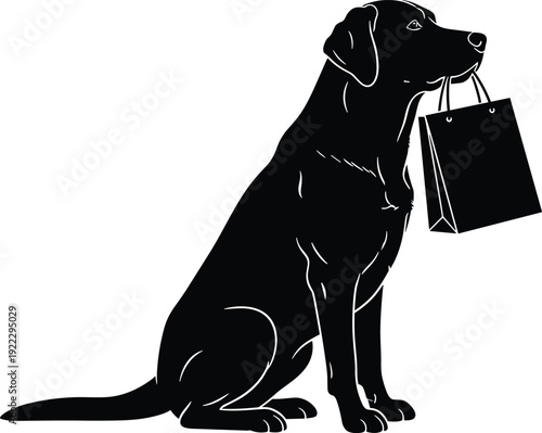 Black vector silhouette illustration of a large retriever dog sitting and carrying a paper shopping bag in its mouth on white background.