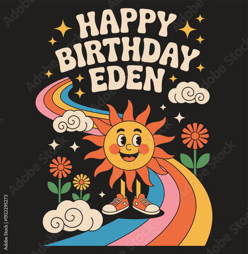 Colorful birthday card with smiling sun on rainbow and flowers