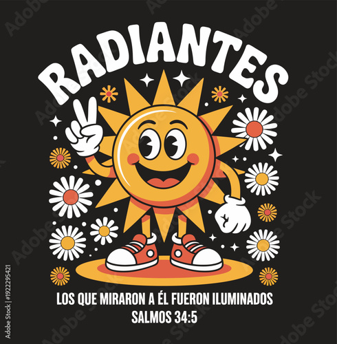 Radiant Sun Character with Peace Sign and Bible Verse on Black Background flowers