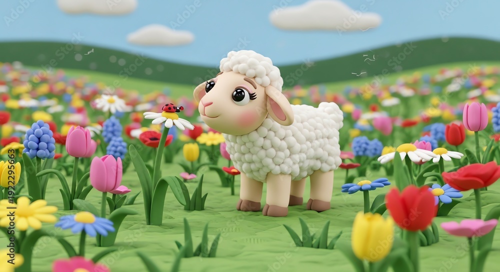 Fototapeta premium Whimsical Clay Sheep and Ladybug in a Spring Flower Meadow