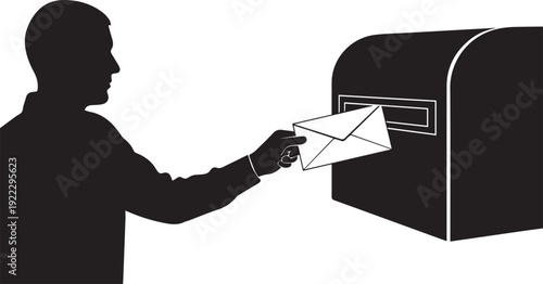 Man dropping letter in mailbox vector silhouette illustration line art graphic element for post delivery
