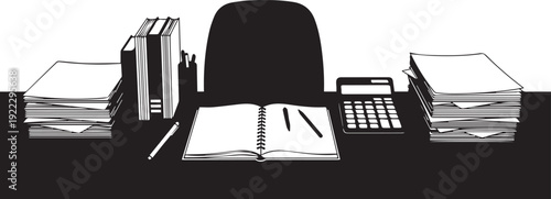 Office desk with books chair calculator and paperwork silhouette for remote work planning concept