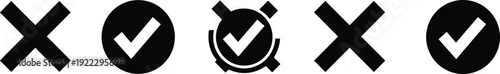 Collection of black checkmark and cross symbols representing positive and negative status verification approval rejection success failure and professional interface quality control indicator elements