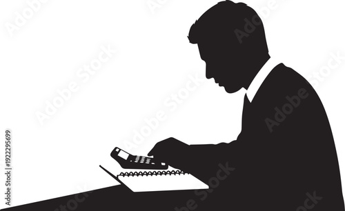 Professional man silhouette using calculator for financial analysis at work vector illustration