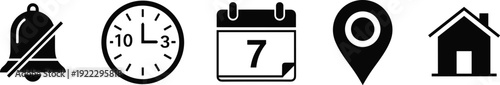 Collection of black interface icons including silent notification bell analog clock calendar date location map pin and home house symbol for mobile app navigation design