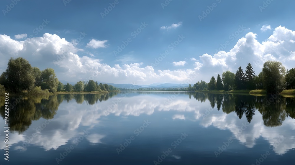 Obraz premium A serene lake perfectly mirrors the blue sky with fluffy clouds and lush green trees along its tranquil shore