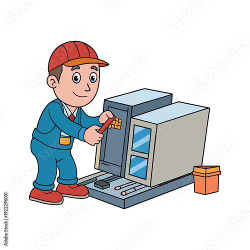 Technician fixing ATM machine with tool, busy day for financial labor on Labor Day