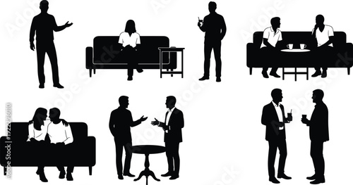 Collection of black silhouettes showing people talking sitting on sofas and standing with drinks in social or business meetings isolated on white background