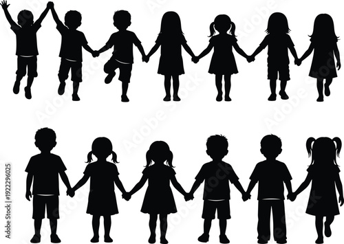 Collection of black silhouettes showing diverse group of happy children holding hands standing and jumping in rows isolated on white background for design