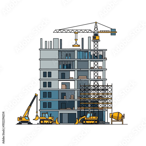 Building Construction Site with Crane and Heavy Machinery - Modern Urban Development Project Illustration