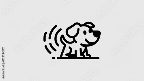 Happy dog pooping with motion lines simple black cartoon character on gray background