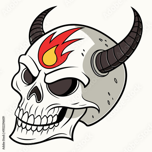 A cartoon skull with horns and a flame on its forehead Vector