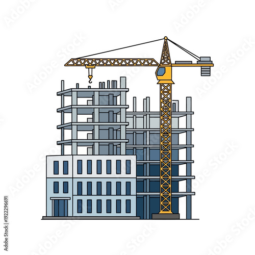 Building Under Construction with Tower Crane Illustration - Urban Development Site Icon