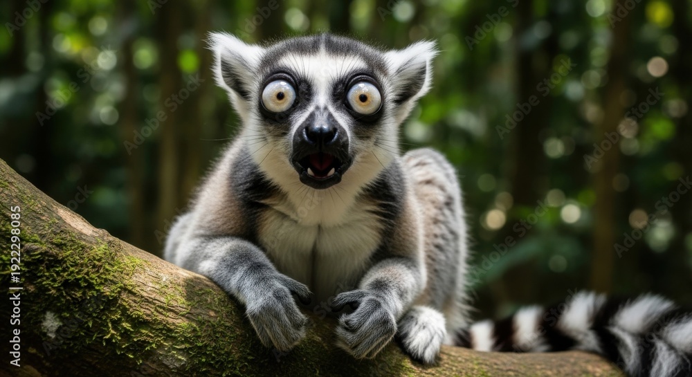 Fototapeta premium Ring-tailed lemur with wide eyes looking directly at camera, sitting on a mossy tree branch in a lush green forest