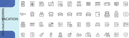 vacation travel and tourism icon set, minimal outline summer holiday symbols