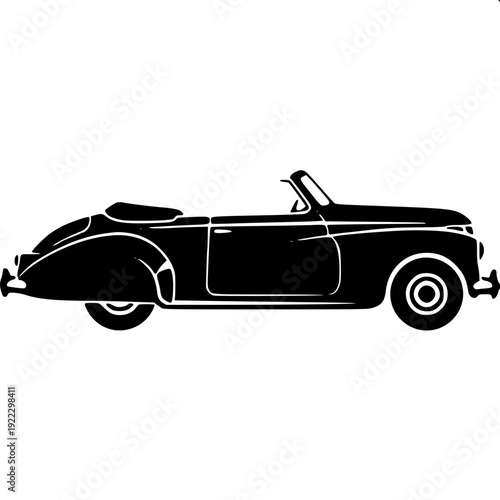 Monochrome vector art of antique automobile, retro car profile view, bold black silhouette, intricate wheel spokes, old-fashioned roof canopy, clean white background, laser cut style graphic