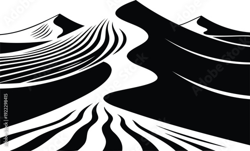 Desert vector illustration with sand dunes and ripples in abstract black and white pattern