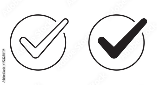 Check mark tick icon set in circle outline and solid style, black approval symbols vector.
