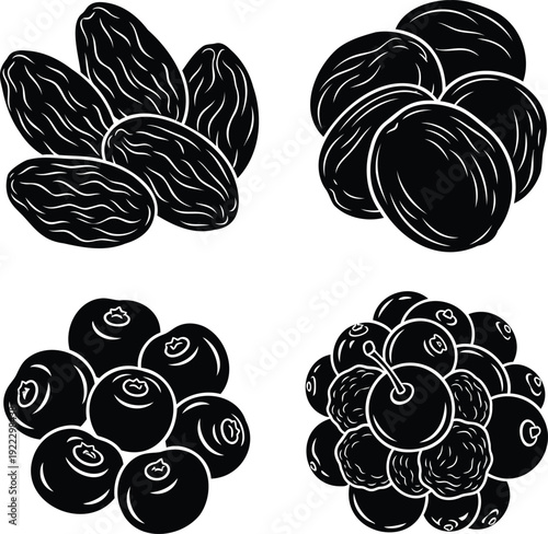 Dried fruits and berries collection vector illustration dates raisins blueberries cherries set food