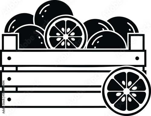 Fresh oranges vector illustration in wooden box, healthy fruit harvest with transparent background