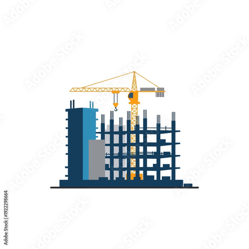 Building Under Construction with Tower Crane Illustration - Modern Urban Development Project